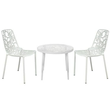 19 x 23 x 23 in. Devon Mid-Century Modern 3 Piece Aluminum Outdoor Patio Dining Set with Tempered Glass Top Table & 2 Stackable Flower Design Chair, White