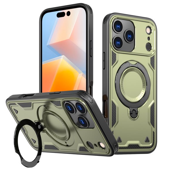 for iPhone 17 Pro Slim Thin Case, Compatible with Magsafe Bracket 360 Rotating Ring Kickstand Hybrid Drop Protective TPU PC Anti-Fall Durable Phone Cover for iPhone 17 Pro, Olivegreen