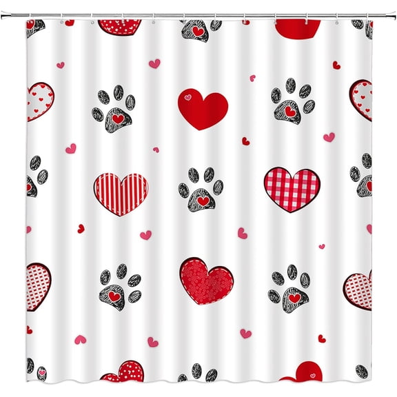 Red Heart Shower Curtain Valentine''s Day Heart Paw Print Striped Dot Plaid Sweet Love Romantic Couple Polyester Bathroom Decor Curtain with Hook,Red Gray White
