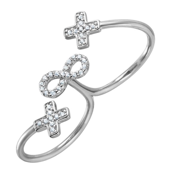 Rhodium Plated Sterling Silver 925 Crosses Infinity Two-Finger Ring White CZ Female Size 5