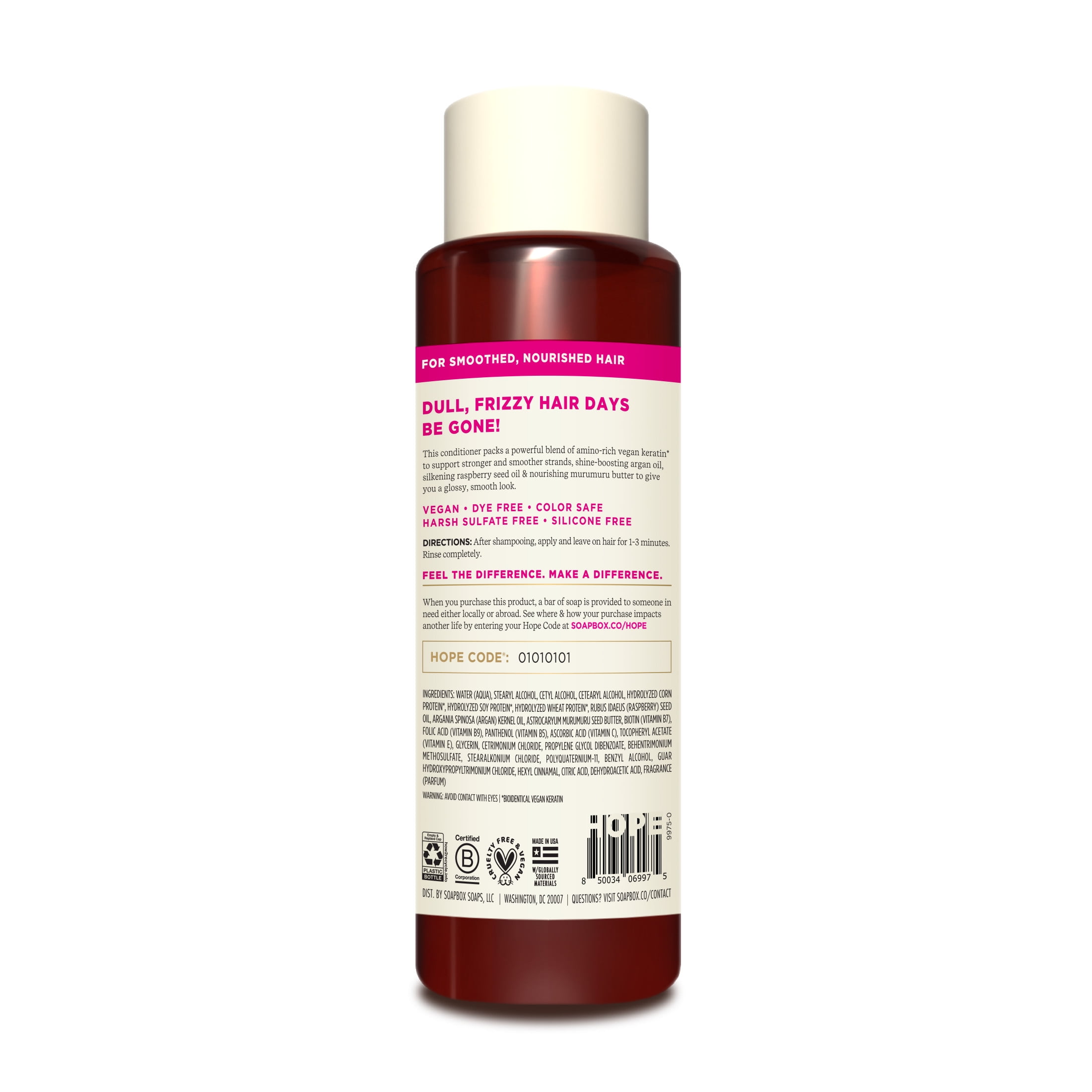 Soapbox Vegan Keratin & Raspberry Seed Oil Smoothing Conditioner with Argan Oil, 16 fl oz
