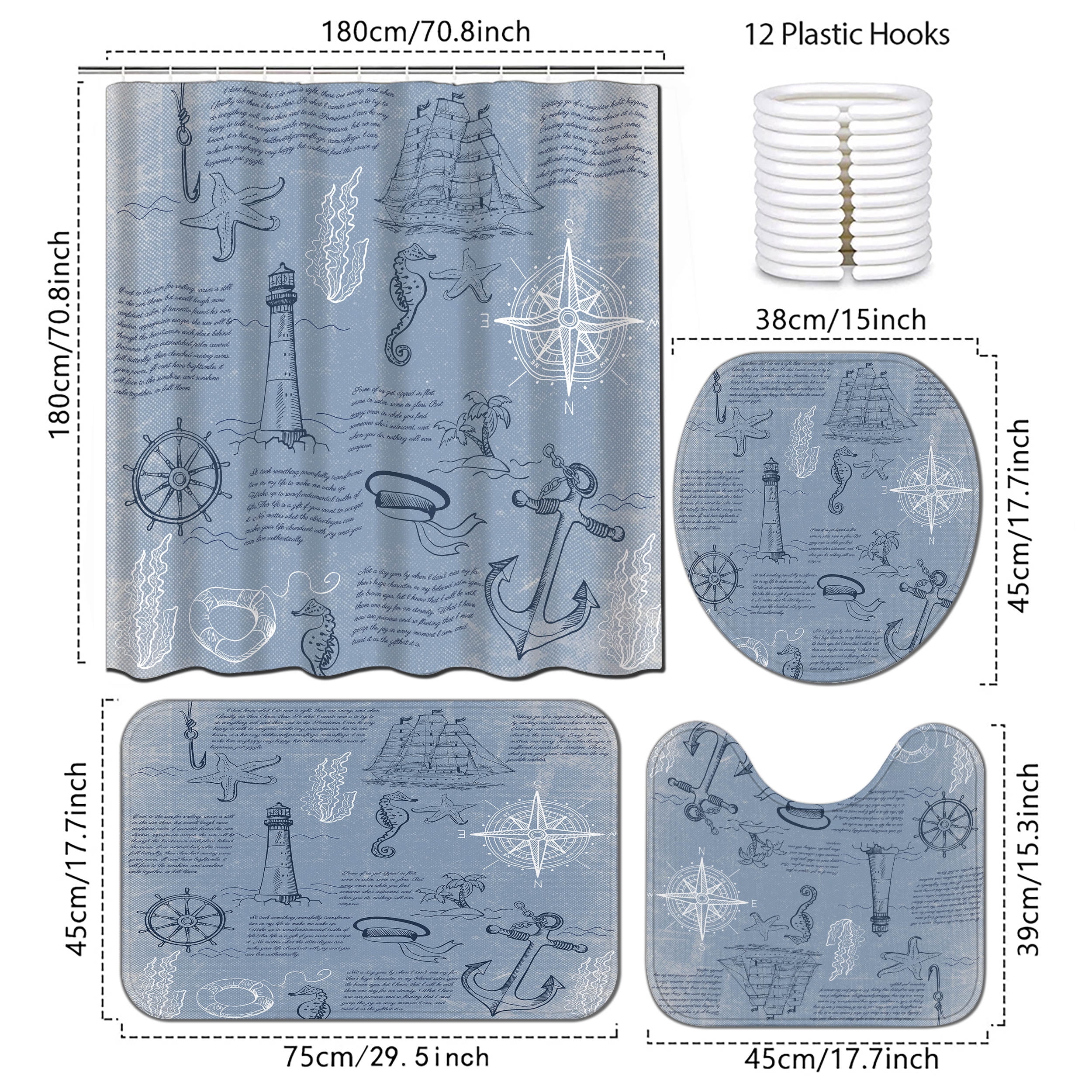 Planially Blue Fabric Shower Curtain and Rug Sets Waterproof 16 Pc Bathroom Set 72" x 72"