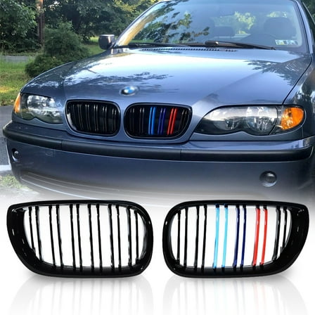 Astra Depot Dual Slats ABS Front Kidney Grill Grille for 2002-2006 BMW E46 325i 330i Sedan LCI, M-Color Gloss Black, 1 Pair