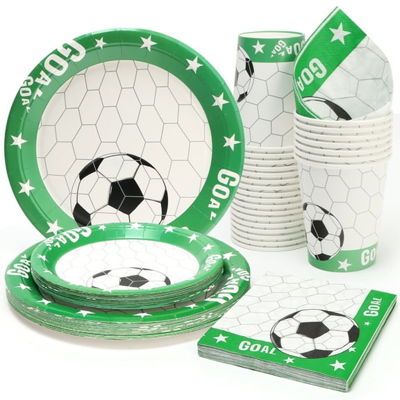96 Pcs Soccer Party Paper Plates, Green and White Soccer Theme Birthday Paper Plates and Napkins Party Supplies for Kids, Disposable Tableware Set Serve for 24 Guests