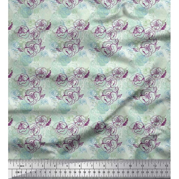 Soimoi Cotton Cambric Fabric Leaves & Rose Flower Print Fabric by the Yard 56 Inch Wide