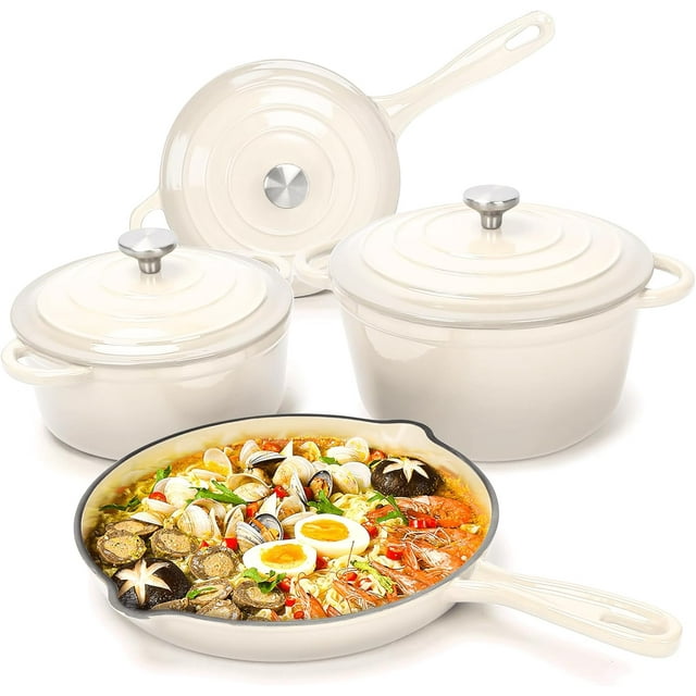 Enameled Cast Iron Cookware Set - 7 Piece Set of Dutch Ovens, Sauce Pan, Skillet, 3 Lids, Dutch Oven Set, Ceramic Nonstick Coated, Heavy Duty, Gas/Induction Compatible, PFA Free, Cream White