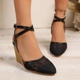 thumbnail image 2 of Rokment Women's Lace Flower Wedge High Heels Dressy Sandals Bridal Elegant Delicate Crochet Pointed Closed Toe Chunky Heeled Dress Pumps Strappy Shoes for Summer Fall Black Size 6, 2 of 6