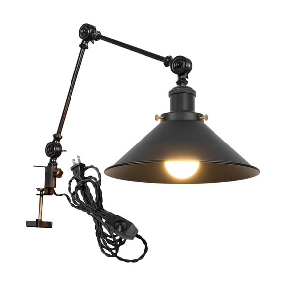 Kiven Dimmable Clip-on Desk Lamp, 1-Light Iron Modern clip on light with Flexible Swing Arm, 8.2FT Plug in Cord, Decorative Clamp Lamp for Bedside Bookshelf Cabinet E26 Sokcet,Black