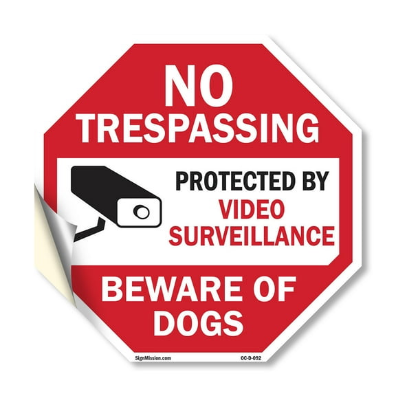 No Trespassing Protected by Video Surveillance Beware of Dogs 18 inch X 18 inch Octagon Vinyl Label Decal Sticker Weather Resistant, UV Protected for Workplace, Made in the USA