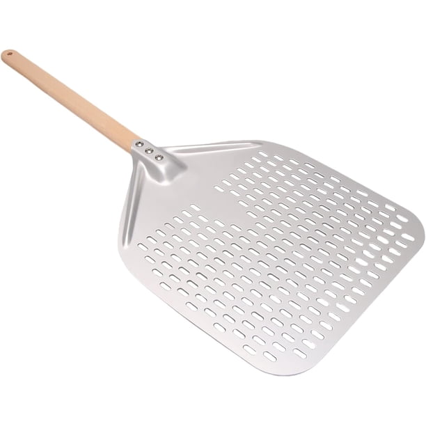Pala para pizza perforada de calidad profesional, corteza crujiente antiadherente de aluminio, 12 x 15 pulgadas, aluminio anodizado, construcción con remaches, evaporación del exceso de harina, mango
