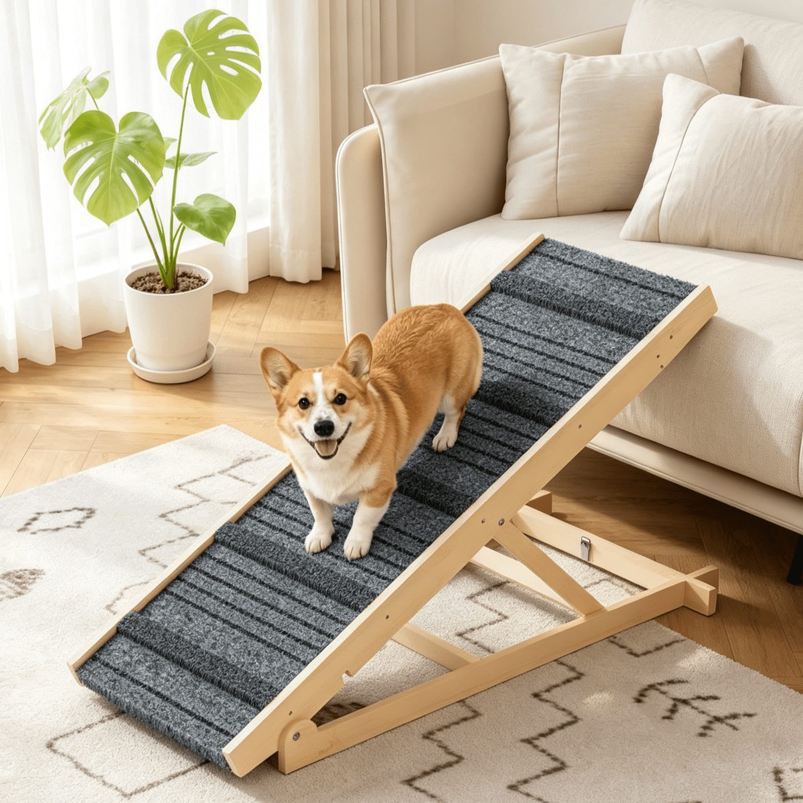 TIMHAKA Dog Ramp for Bed w/ 7 Adjustable Heights, Folding Pet Ramp for Small, Large & Cats w/ Non-Slip Surface & Strip, Height from 10.2" to 26.8"(Supports up to 150lbs)
