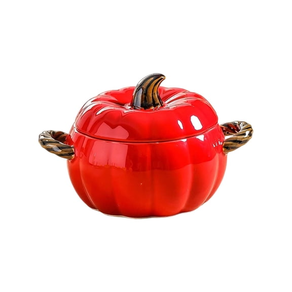 Pumpkin Shaped Ceramic Baking Bowl with Lid, Double Handle Casserole Dish for Soup and Clay Dishes, Versatile Fall Cookware for Thanksgiving Dinner, Halloween Party, and Seasonal Table Serving