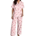 thumbnail image 3 of Womens Christmas Pajamas Set Two Piece Outfits Satin Short Sleeve Button Down Shirts Casual Pants Comfortable Loungewear Sleepwear Nightwear Pink S, 3 of 6