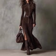 thumbnail image 2 of Women’s Brown Suede Maxi Dress High Neck Long Sleeve Slim Fit Dress with Front Zipper Leather Belt and Front Slit, 2 of 4