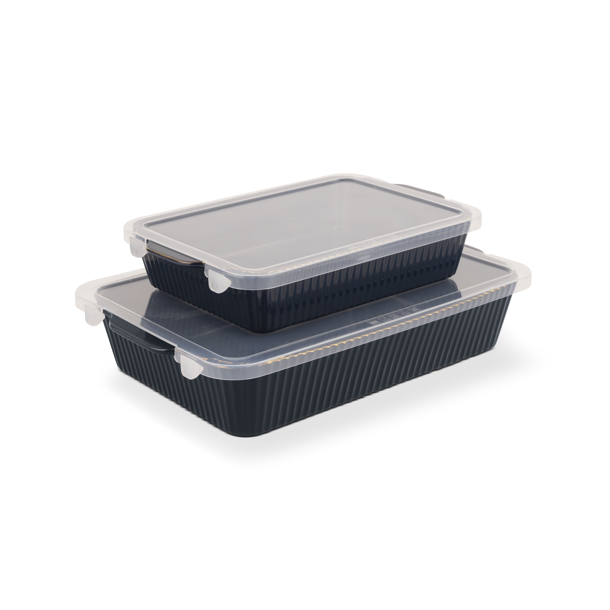 Thyme & Table 4-Piece Stoneware Bakeware Set, Includes Lids, 9"x13" , 7"x10" Bakers With Lids , Atlantic Blue Ribbed