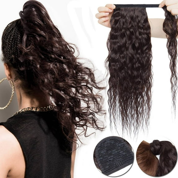 SEGO Kinky Curly Clip in Hair Extensions 100% Remy Human Hair Wrap Around on Ponytail Extension Thick Long Corn Wave Wavy Hairpiece with Comb Magic Paste Pony Tail