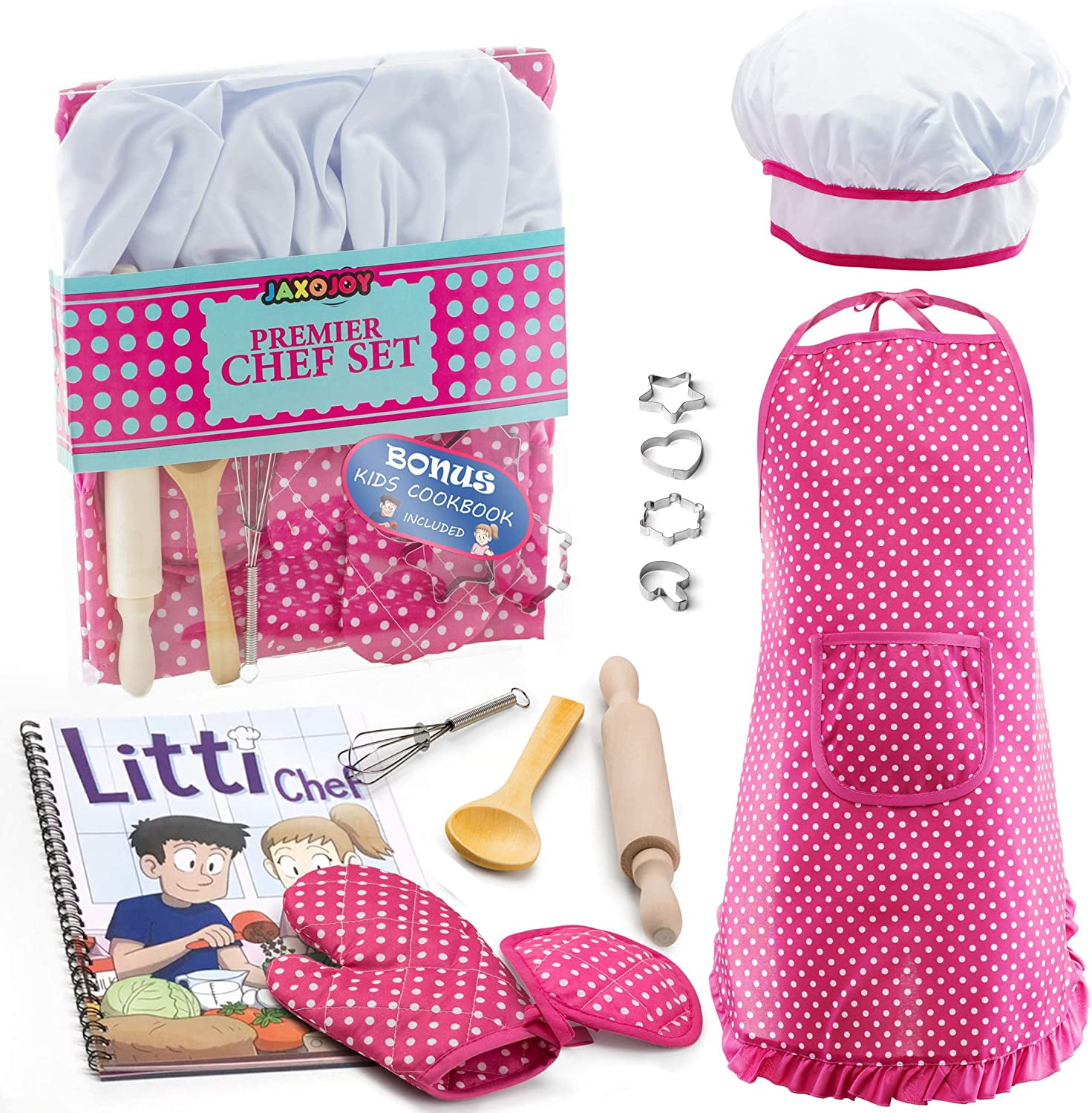 Kids Baking Sets for Girls Real,Kids Cooking Set with Cupcake and Heart Apron for Girls,Chef Hat,Oven Mitt for Toddler Dress Up,Pretend Play Chef Role Playing Costumes,Ages 3+ 