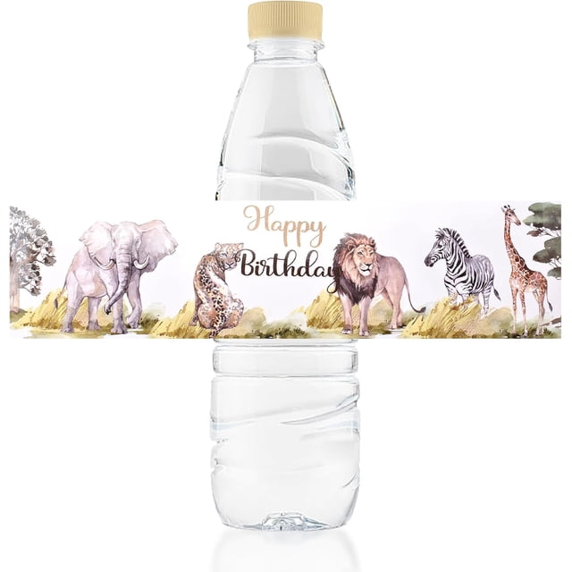 URROMA Happy Birthday Water Bottle Labels, 50Pcs Jungle Animals Birthday Bottle Wraps Water Bottle Paper Labels Birthday Stickers for Party Birthday Drinking