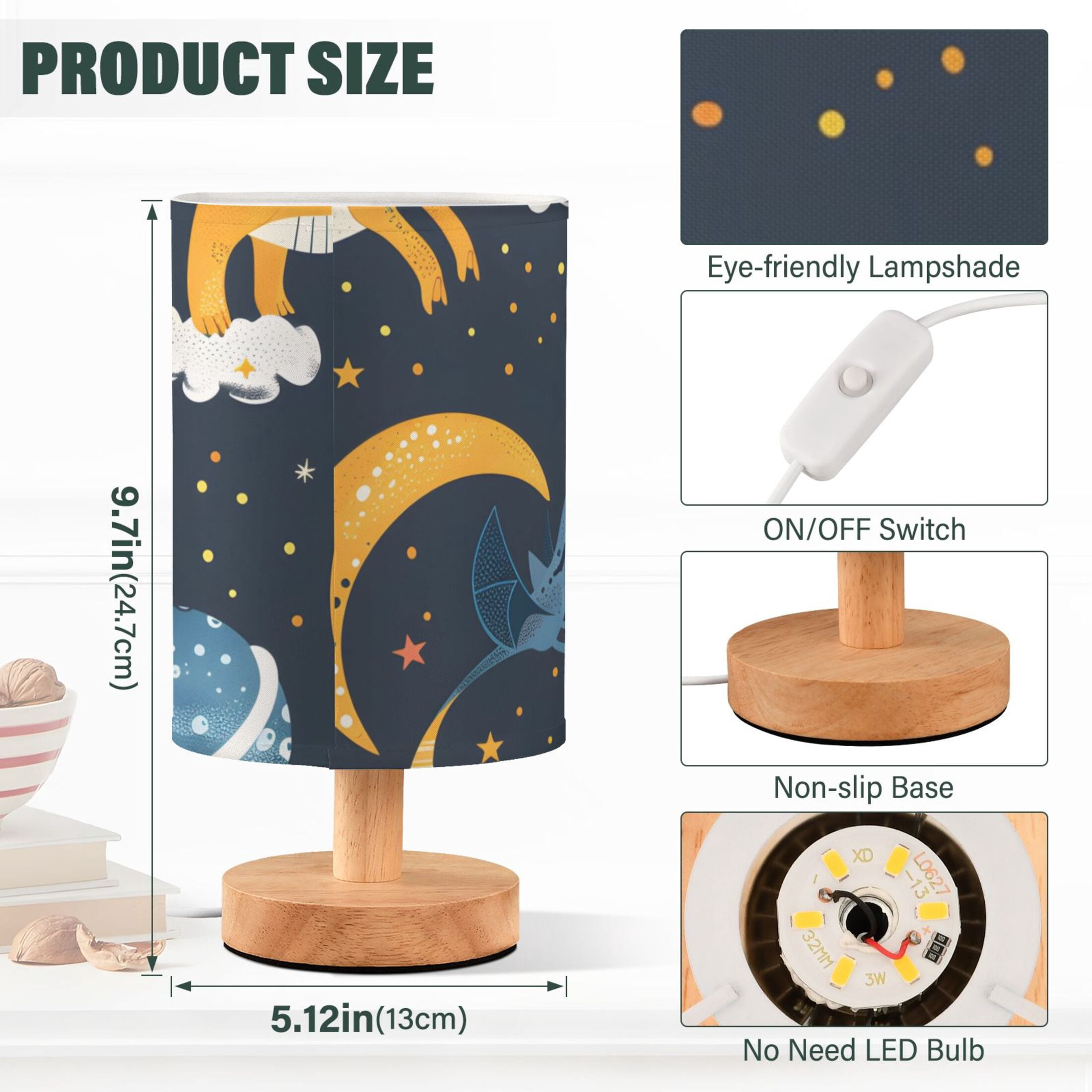 Dinosaurs in Space Table Lamp USB Bedside Desk Nightstand Lamp Printed Gifts Small Lamp Wood Base for Bedroom Living Room Kids Room College Dorm