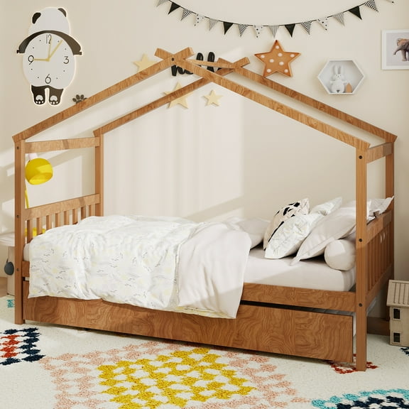 Twin Size Wooden House Bed with Twin Size Trundle, Walnut