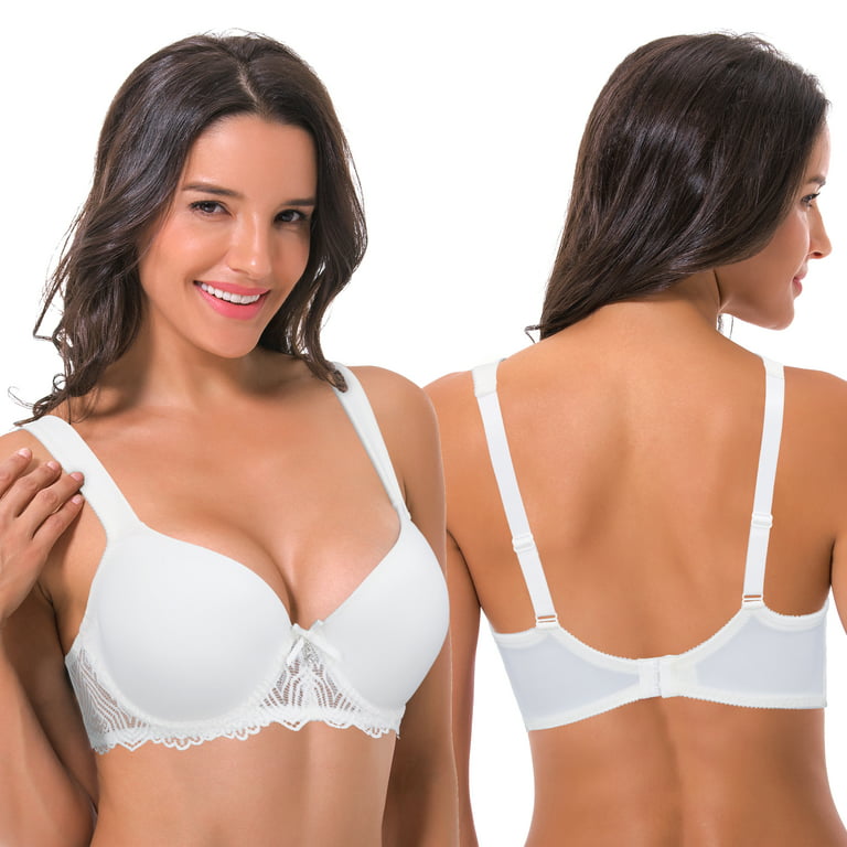 Curve Muse Women's Lightly Padded Underwire Lace Bra with Padded Shoulder  Straps-2PK-WHITE,NUDE-42DD