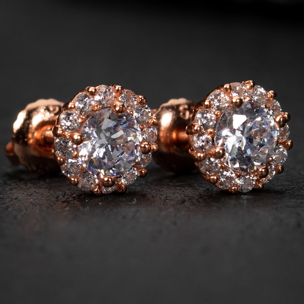 Men's Women's Round Cut CZ Rose Gold 925 Sterling Silver Small Halo Screw Back Stud Earrings