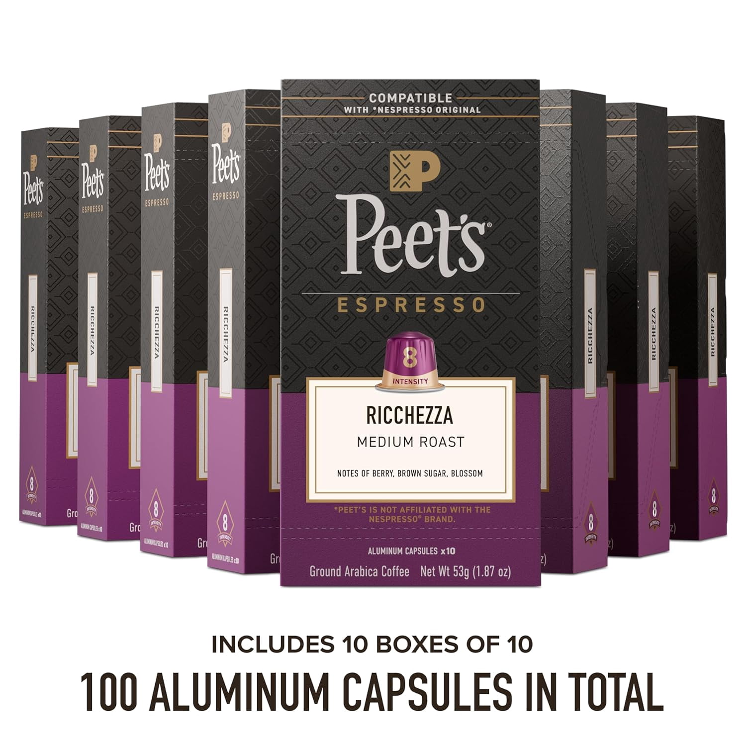 Peet's Coffee, Medium Roast Espresso Capsules, Compatible with Nespresso Original Machine, 100% Arabica Coffee - Ricchezza Intensity 8, 100 Count (10 Boxes of 10 Espresso Capsules)