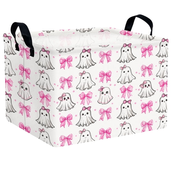 ASKETAM Cute Halloween Basket for Kids Trick or Treat Party Decor Storage Bin (Pink Bow Ghost)