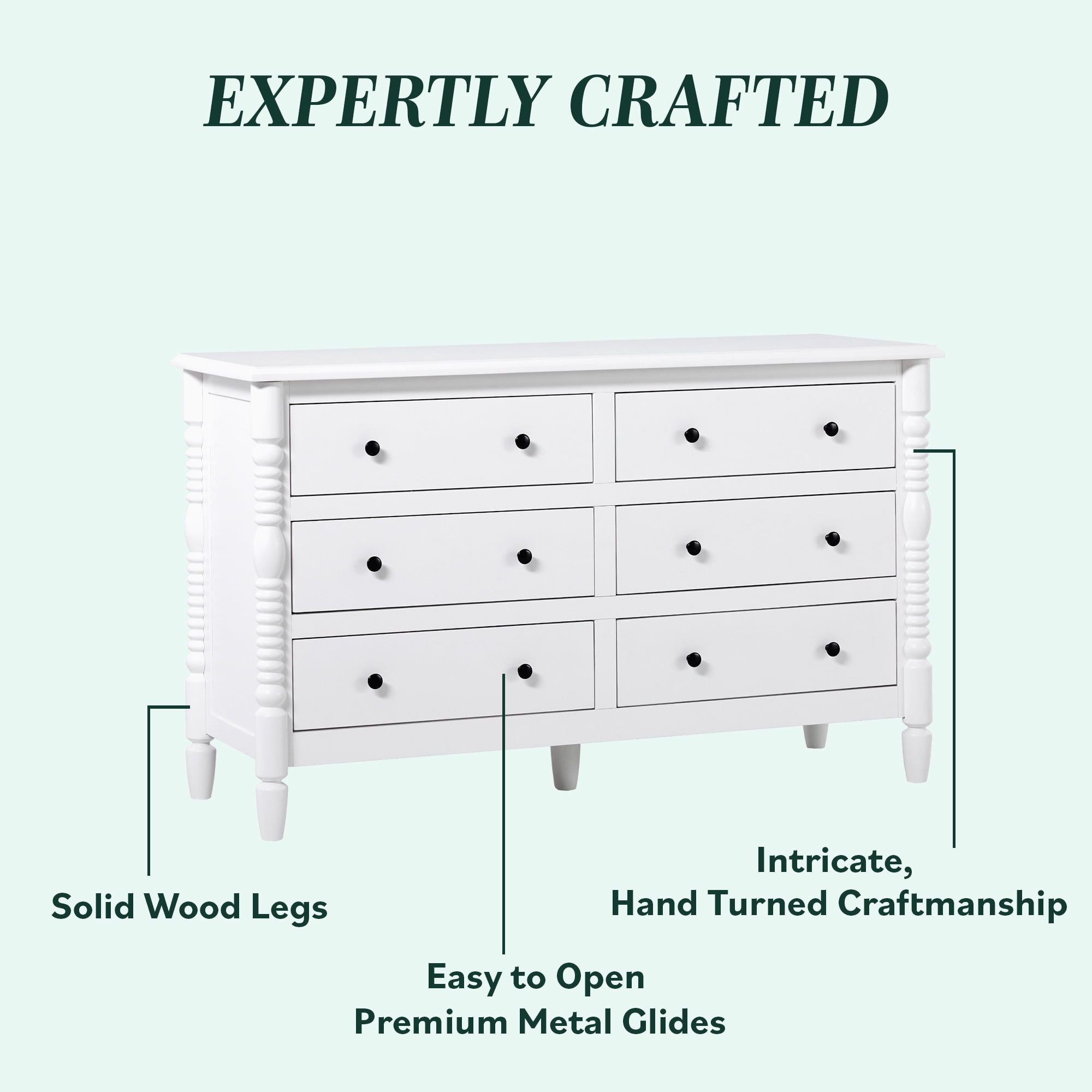 Vivienne Walker Edison Easy Assembly Solid Wood Spindle 6-Drawer Dresser - White