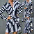 thumbnail image 6 of Women Autumn Long Sleeve Sexy V-Neck Mini Dress with Belt Vertical Striped Print Casual Loose A-Line Flare Hem Cocktail Party Lady Streetwear, 6 of 13