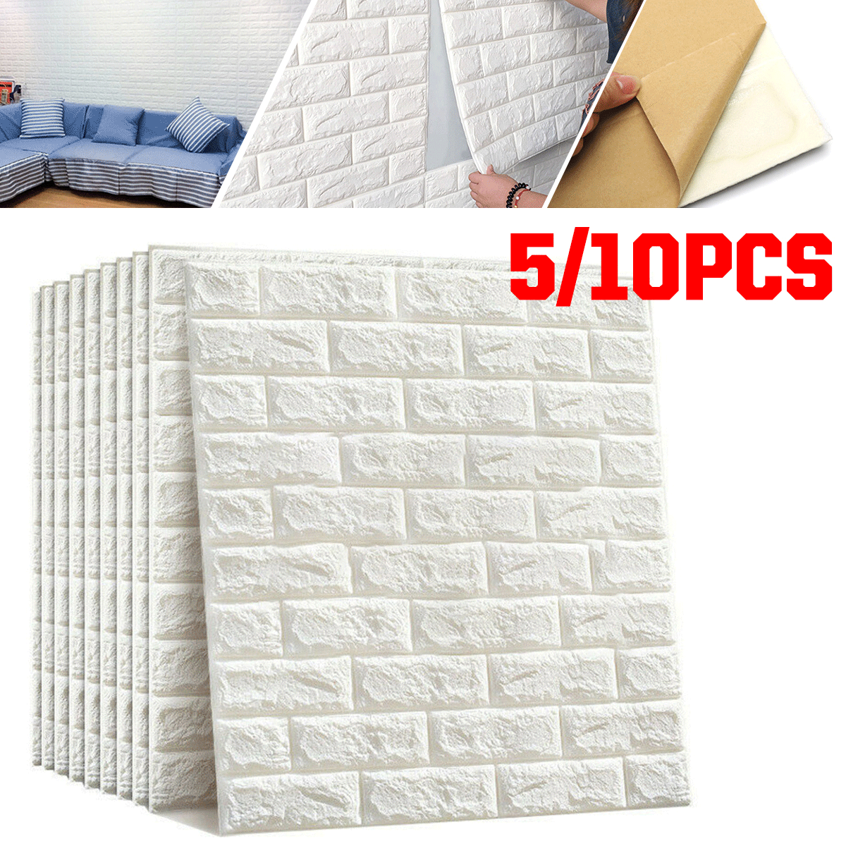 10pcs 3D Tile Brick Wall Sticker Self-adhesive Waterproof Foam Panel Wallpaper 