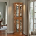 thumbnail image 2 of Tcbosik 70" H Lighted Corner Curio Cabinet, Display Cabinet with Glass Doors and Adjustable Shelves, Wine Cabinet for Bar and Liquor Storage, Oak, 2 of 11