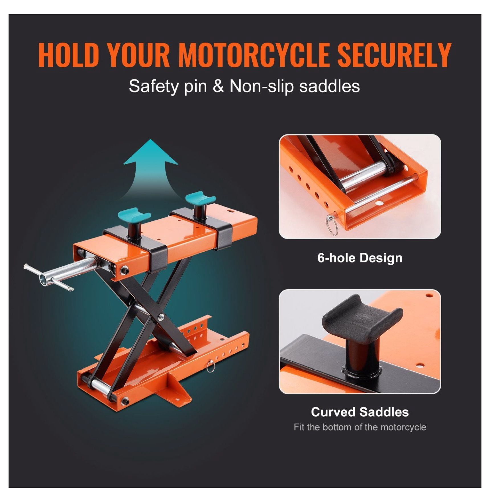 Motorcycle Lift 500kg - Center Scissor Jack for Street, Cruiser & Touring Bikes - Steel Hoist Stand with Safety Pin & Non-Slip Saddle