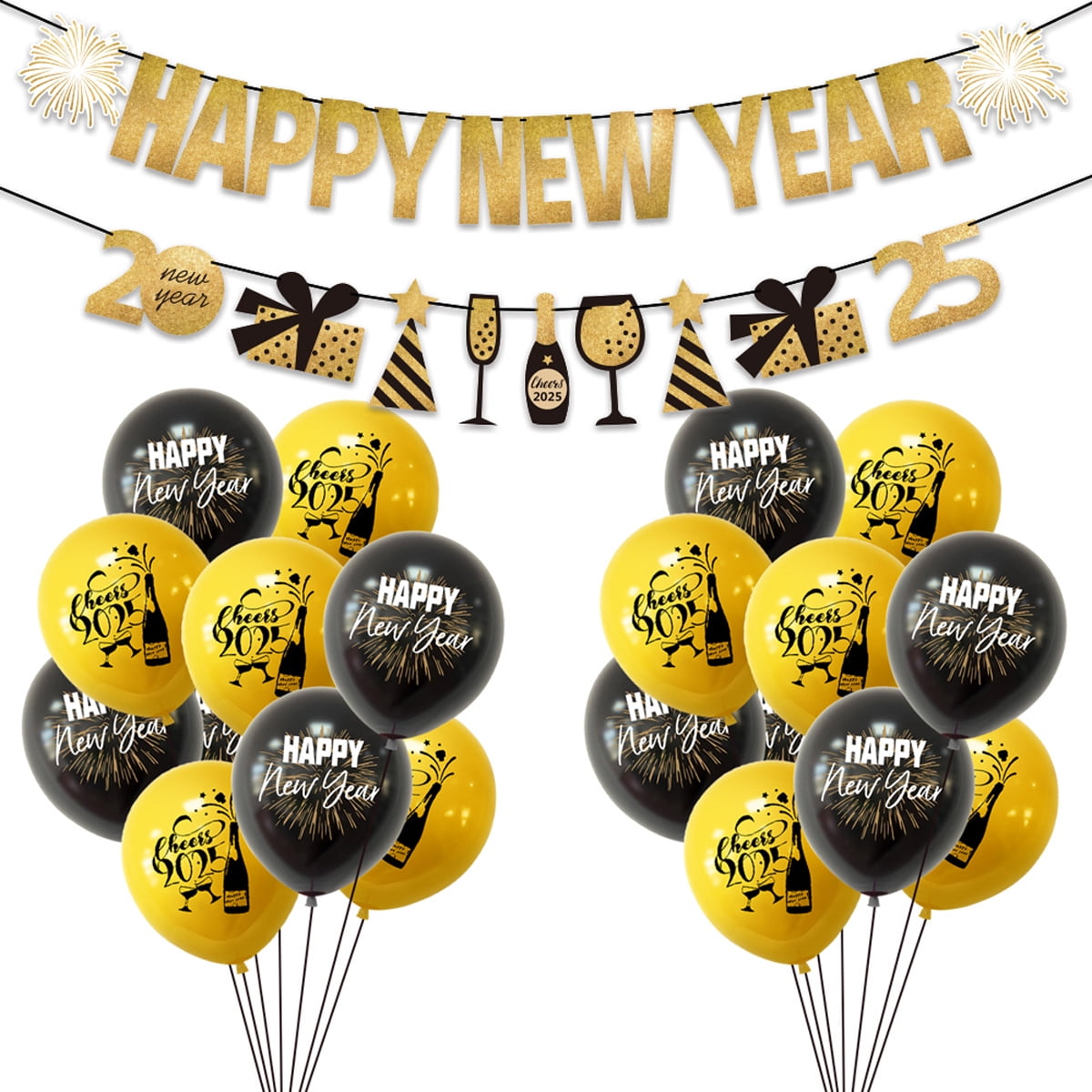 2025 Happy New Year Decorations Black Gold New Year Balloons Happy New Year Banner Set for New Years Eve Party Decorations Supplies 2025 Nye Decorations