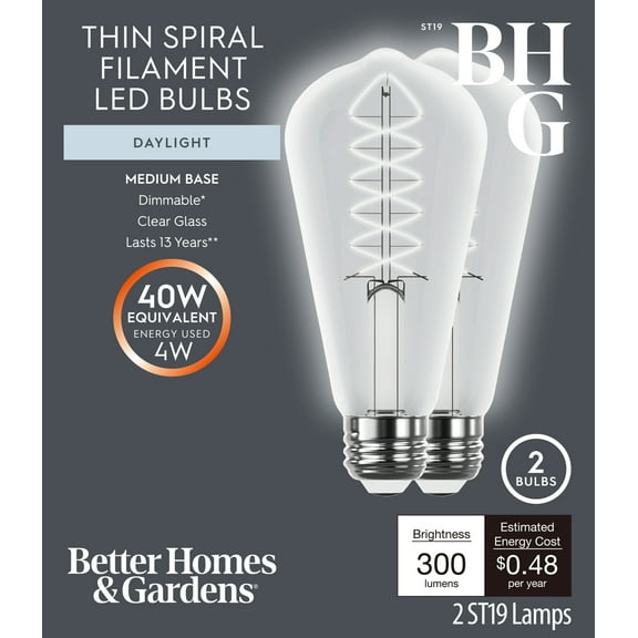 Better Homes & Gardens 4W(40W Equivalent) Daylight Dimmable ST19 Thin Filament Light Bulb E26 Base 2 Pack