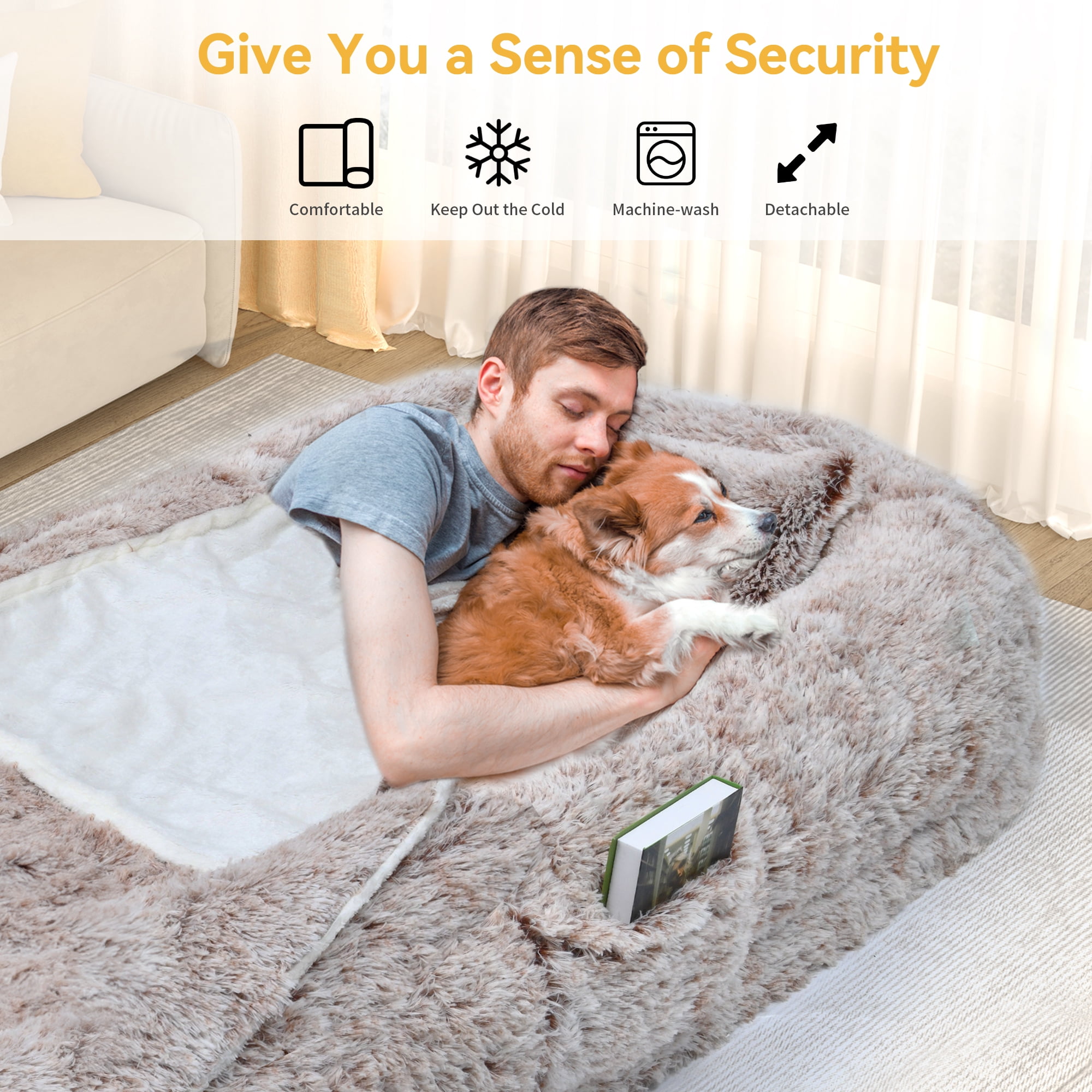Dextrus Human Dog Bed, Oversized Memory Foam Dog Bed, 79"x43" with Blanket and Pillow,  Washable Fur Cover, Dark Brown