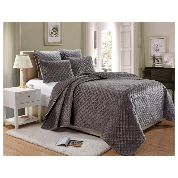 Nina 3-Piece Premium Heavy Velvet Quilt Set Modern Pattern Bedspread Coverlet Set (Queen, Gray) Gray Diamond