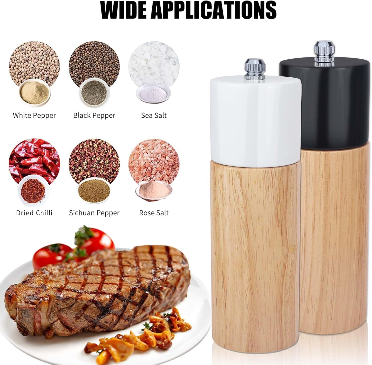 2 Pack Salt and Pepper Mill Set, Wooden Pepper Grinder Salt Shaker with Adjustable Ceramic Rotor, Manual Pepper Mills Grinders Refillable for Spice/Chili/Sesame, (Black+White)