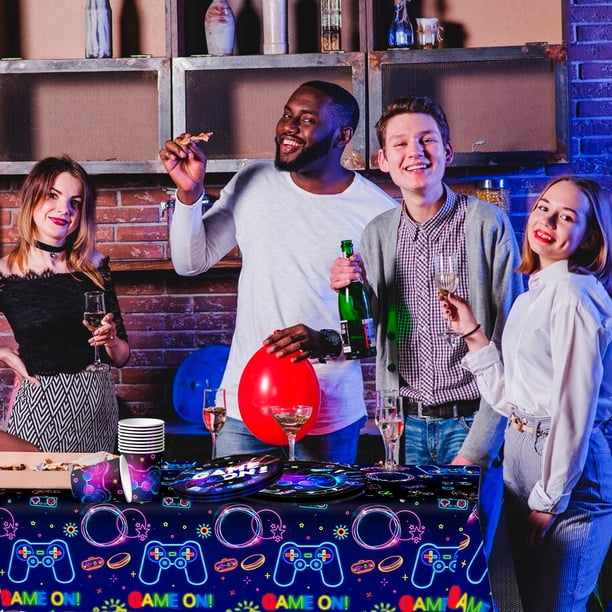 Kit Vaisselle Fête Anniversaire 37 Pièces - Assiettes, Gobelets, Serviettes Et Nappe Lumineuses Néon - Pour 16 Personnes