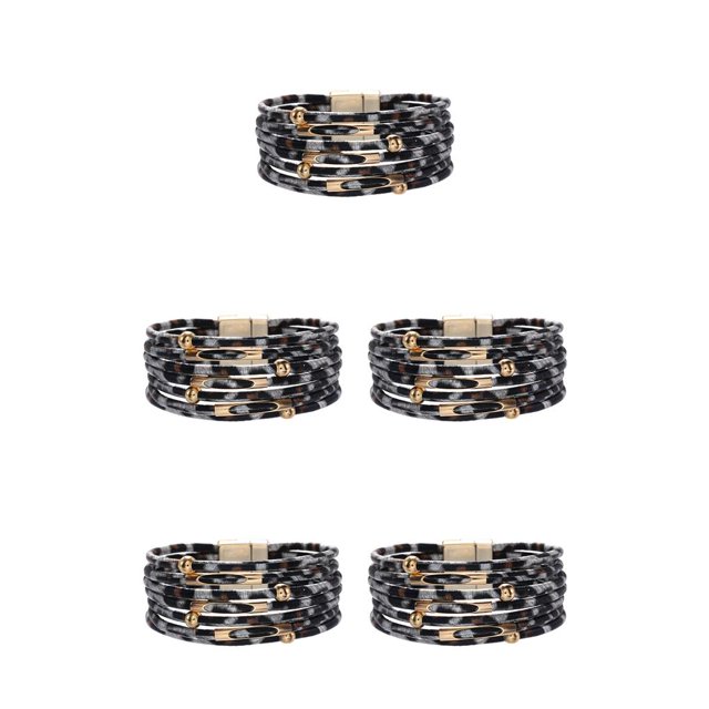 sweethay de cuero ajustable de múltiples capas, brazalete con estampado de leopardo, regalos para el Día de San Valentín, , joyería, gris Gris-plata 5Conjunto
