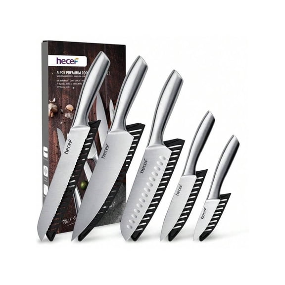 5Pcs Kitchen Knife Set Stainless Steel Ultra Sharp All Metal Chef Knives W/Cover