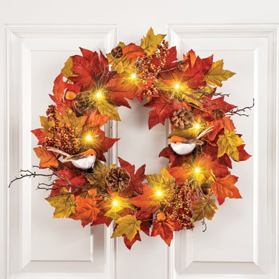 Thanksgiving Wreath Decor Lighted Birds Maple Leaves Autumn Fall Harvest  Door