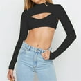thumbnail image 2 of Turtleneck Cropped Tops for Women Long Sleeve Cutout Solid Hollow Out Trendy Y2k Spring Summer Sweater Pullover T-Shirts Black,S, 2 of 5
