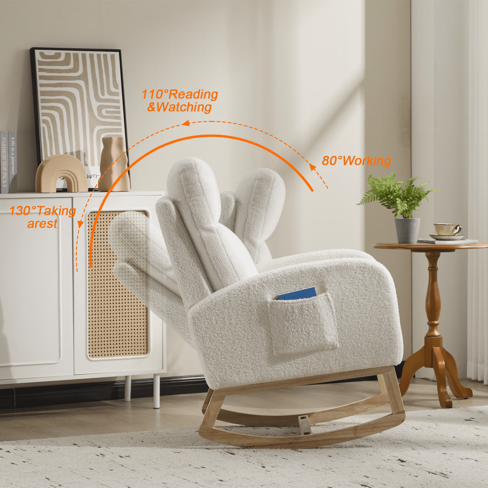 Modern Bouclé Rocking Chair for Nursery, Upholstered Glider Accent Chair with Wooden Base, High Back Support, Comfy Padded Seat, 300 lbs Capacity – Cream White