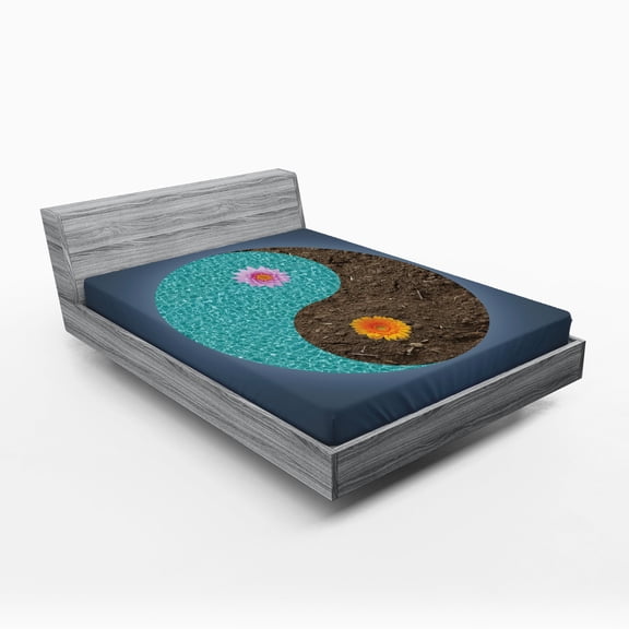 Ambesonne Yoga Fitted Sheet, Yin Yang Flower Teal Brown, Full Size, Slate Blue Turquoise