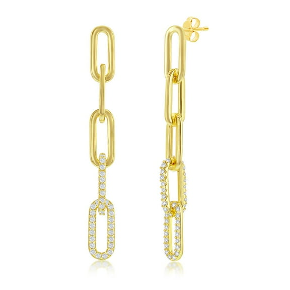 Paperclip Link Designed Chain with Simulated Diamond CZ Dangling Earrings Gold Plated Sterling Silver | Hypoallergenic Earrings for Women or Teens