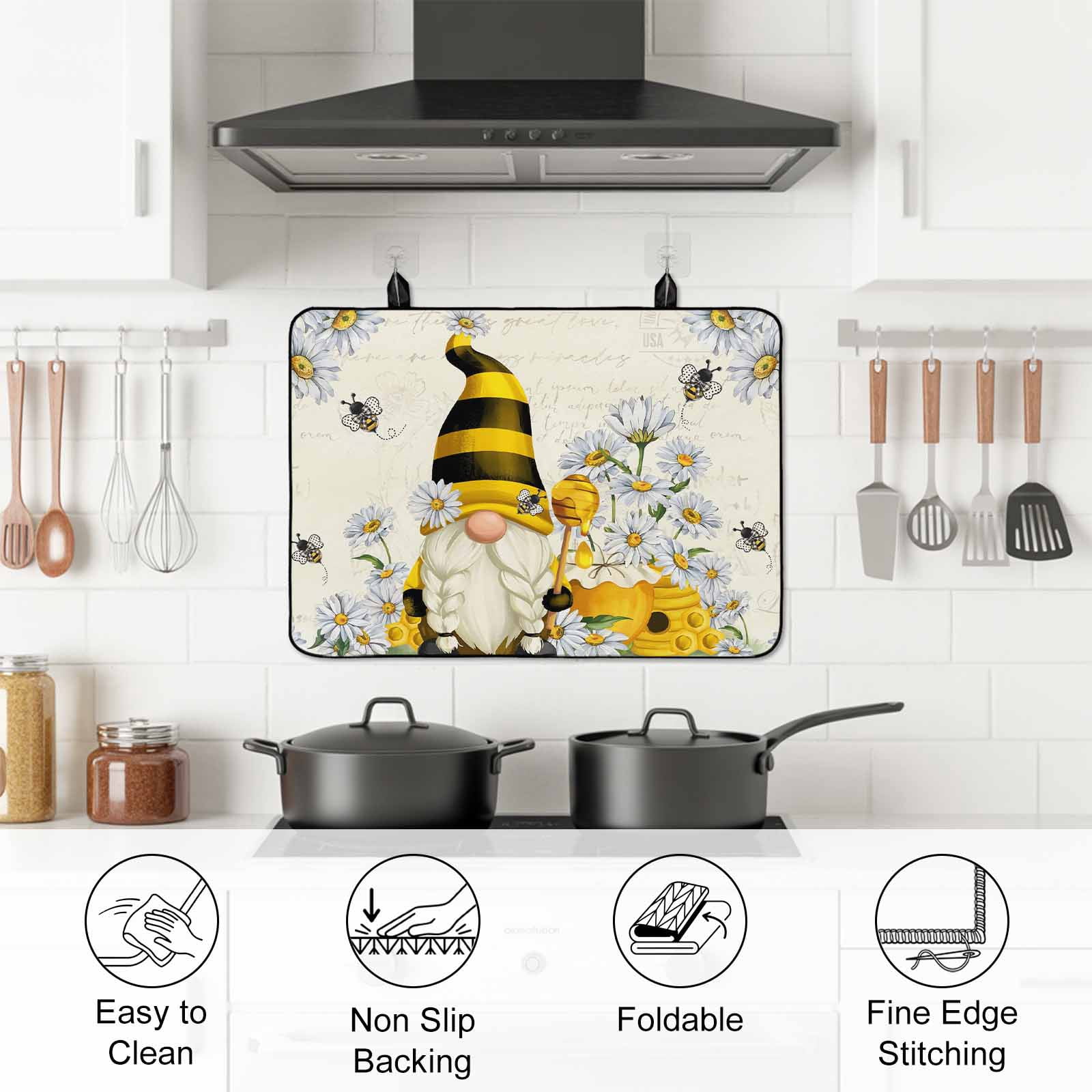 Daisy Floral Stove Top Cover for Electric Stove, Heat-proof & Non Slip Glass Top Stove Cover Protector, Vintage Rustic Bee Gnomes Flowers Kitchen Flat Cooktop Rubber Mat 24x21 Inches