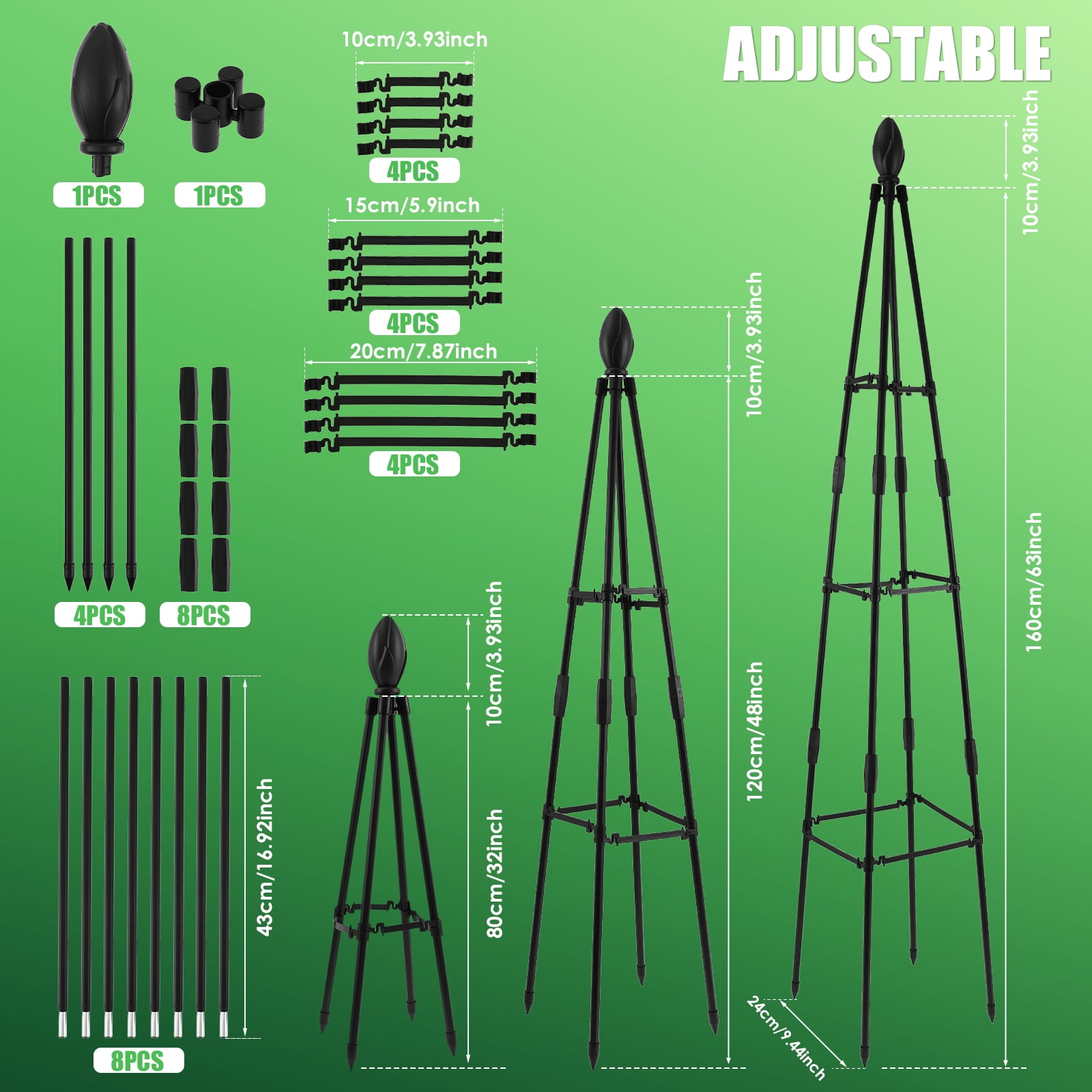 Grusce Garden Trellis Metal Garden Obelisk Supports Rustproof Flower Stand Trellis Adjustable Vegetables Obelisk Towers Cross Arm Design Plants Support Trellis for Tomato Cucumber