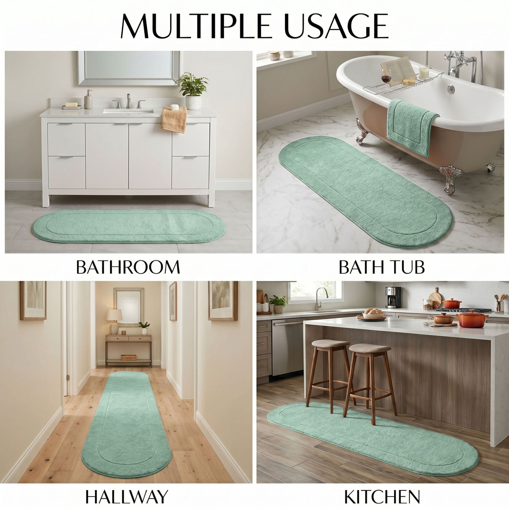 Superior Oval Bordered Cotton Washable Non-Slip Bath Rug, Runner Size, Sage