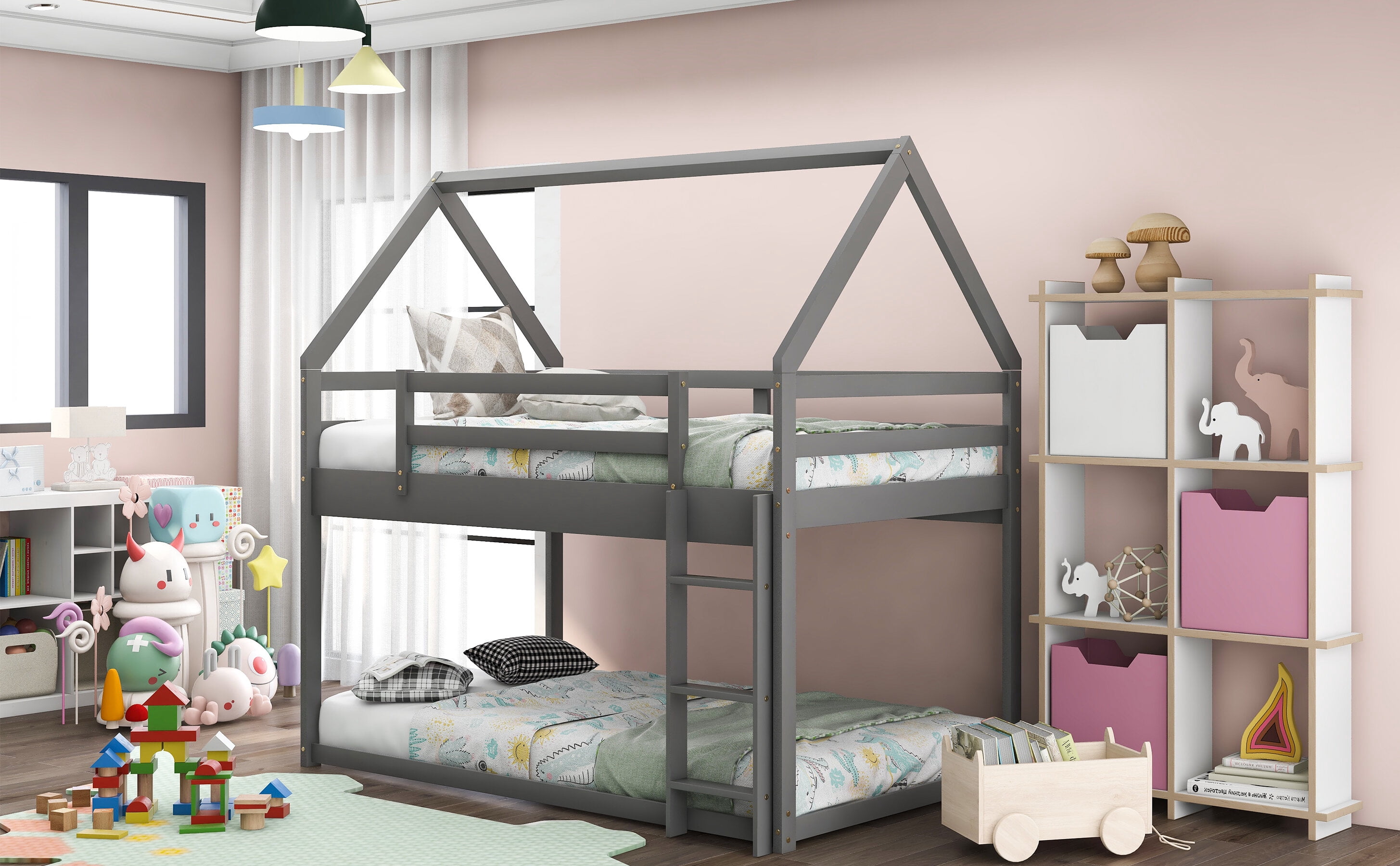 Twin Size Adjustable Bed Base, Twin over Twin Low Bunk Bed, House Bed with Ladder , Gray(OLD SKU:WF197808AAE), Gray Bed Frames,Pine Platform Bed Frames